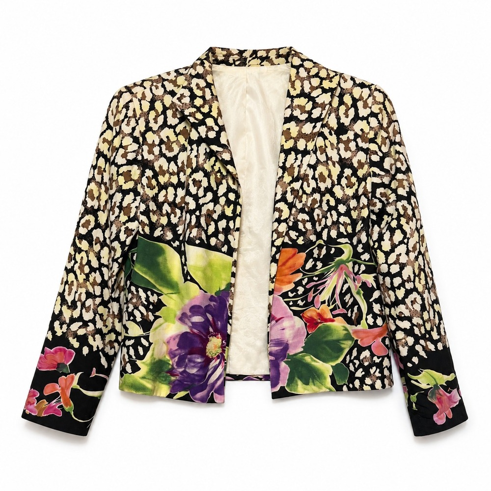 Eclectic Old Money Silk Linen Open Blazer Womens Medium Floral Animal Print Chic